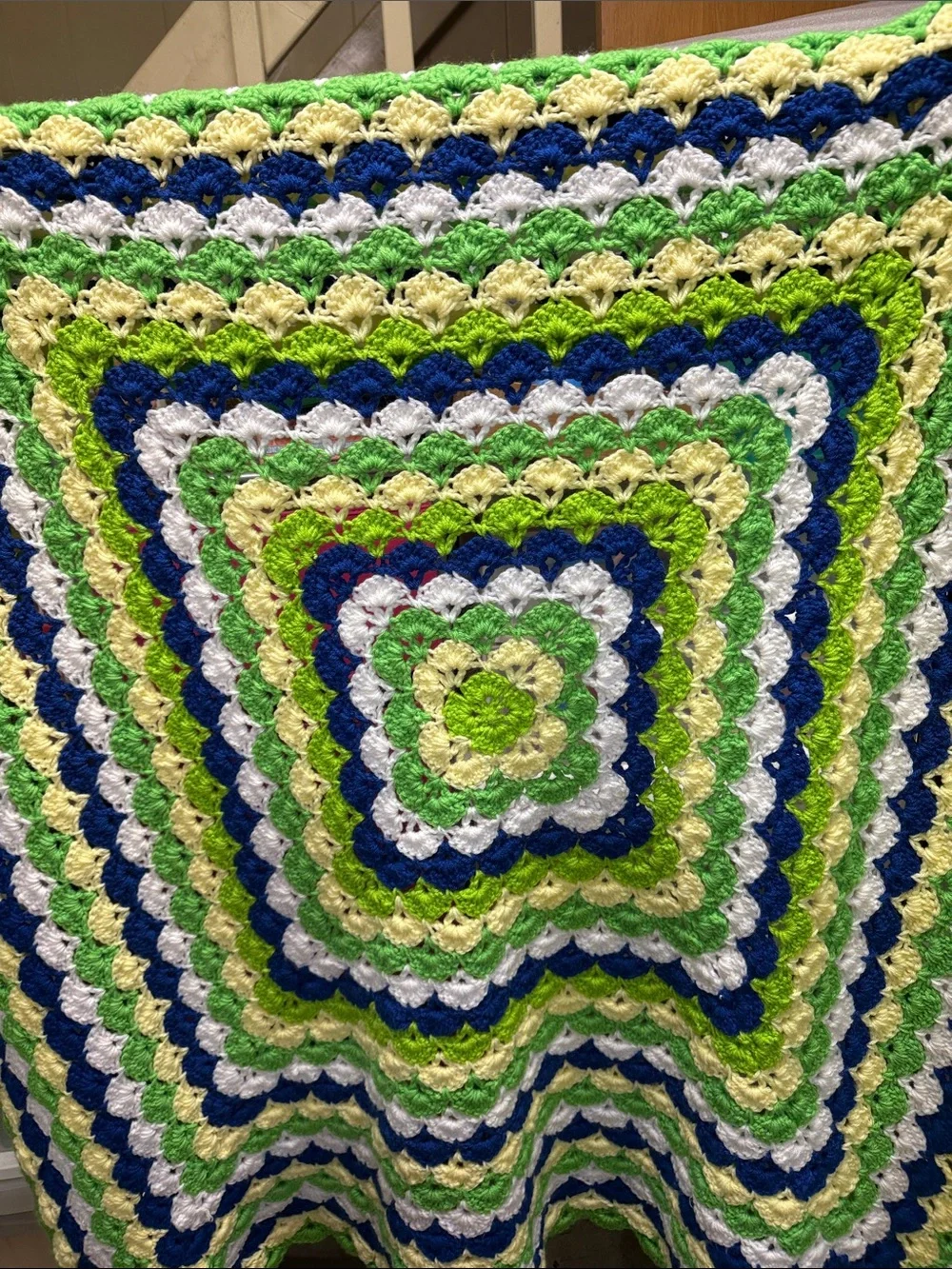 Handmade Crochet Throw Blanket in Green, Blue, Cream & White
